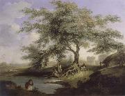 unknow artist Natives Drawing Water form a pond with Warren Hastings-House at Alipur in the Distance oil painting reproduction